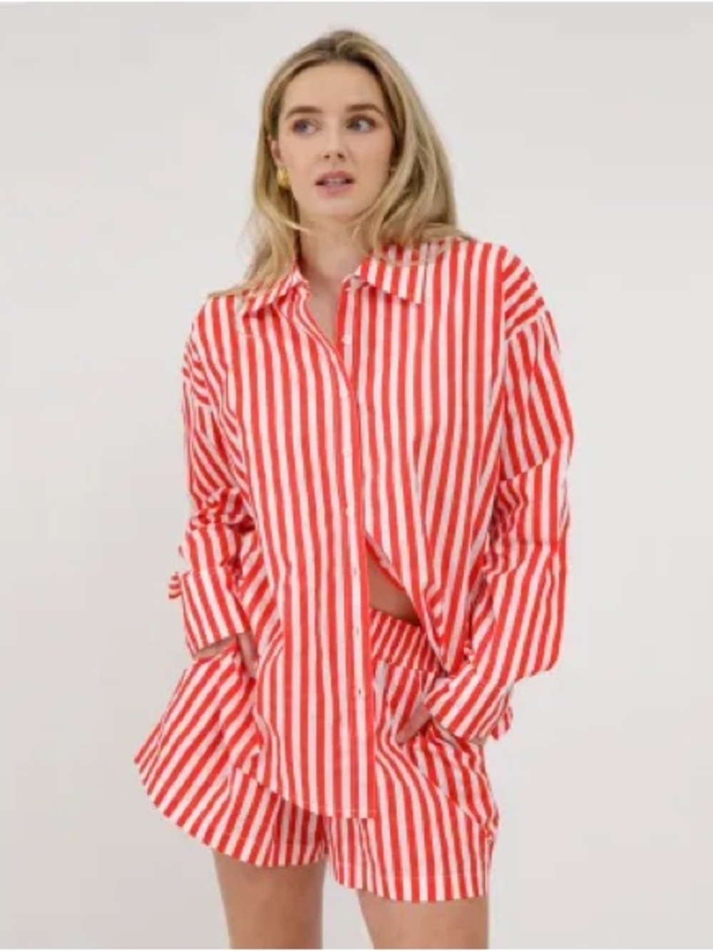 Brunette The Label Red and White Poplin Striped Button Down Shirt
